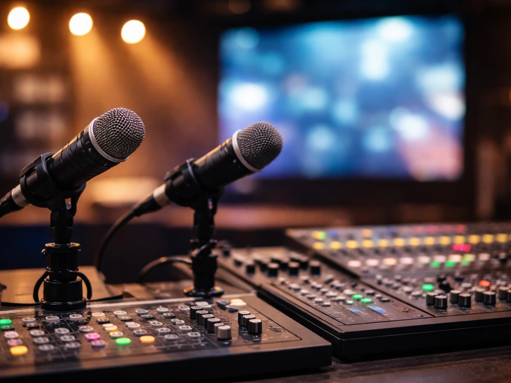 Anonymous TV studio scene with studio microphones and softly lit broadcast equipment.