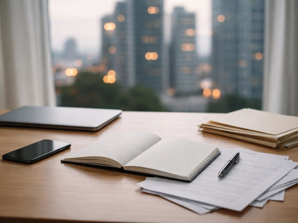 Minimal desk scene with a smartphone, scattered documents, and a blurred financial city backdrop suggesting evidence-bas