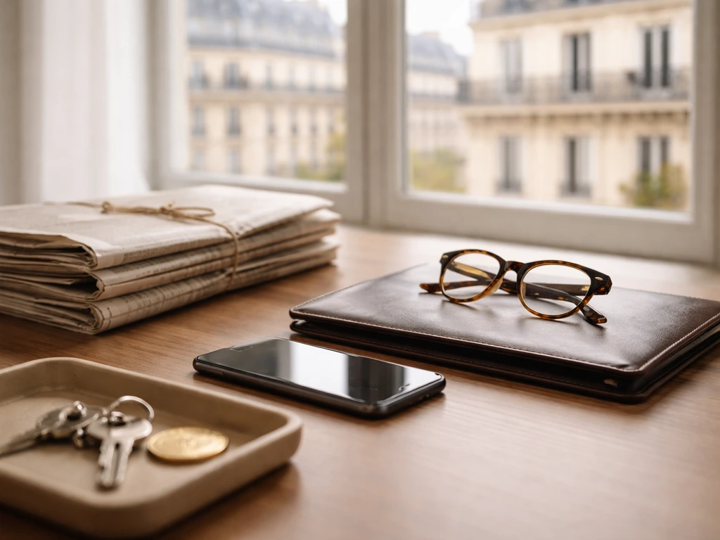 Minimal luxury newsroom desk with coin and keys, newspapers, and blurred Paris architecture by a window.