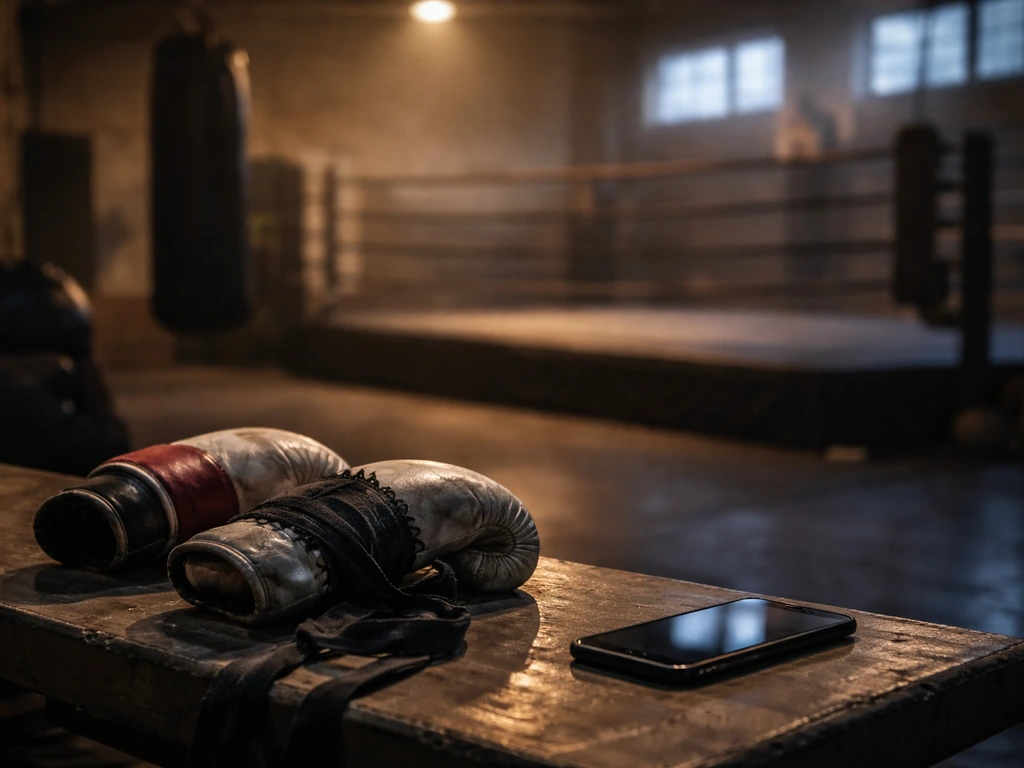 Empty kickboxing gym with a heavy bag and gloves, plus a smartphone on a table suggesting online name confusion.