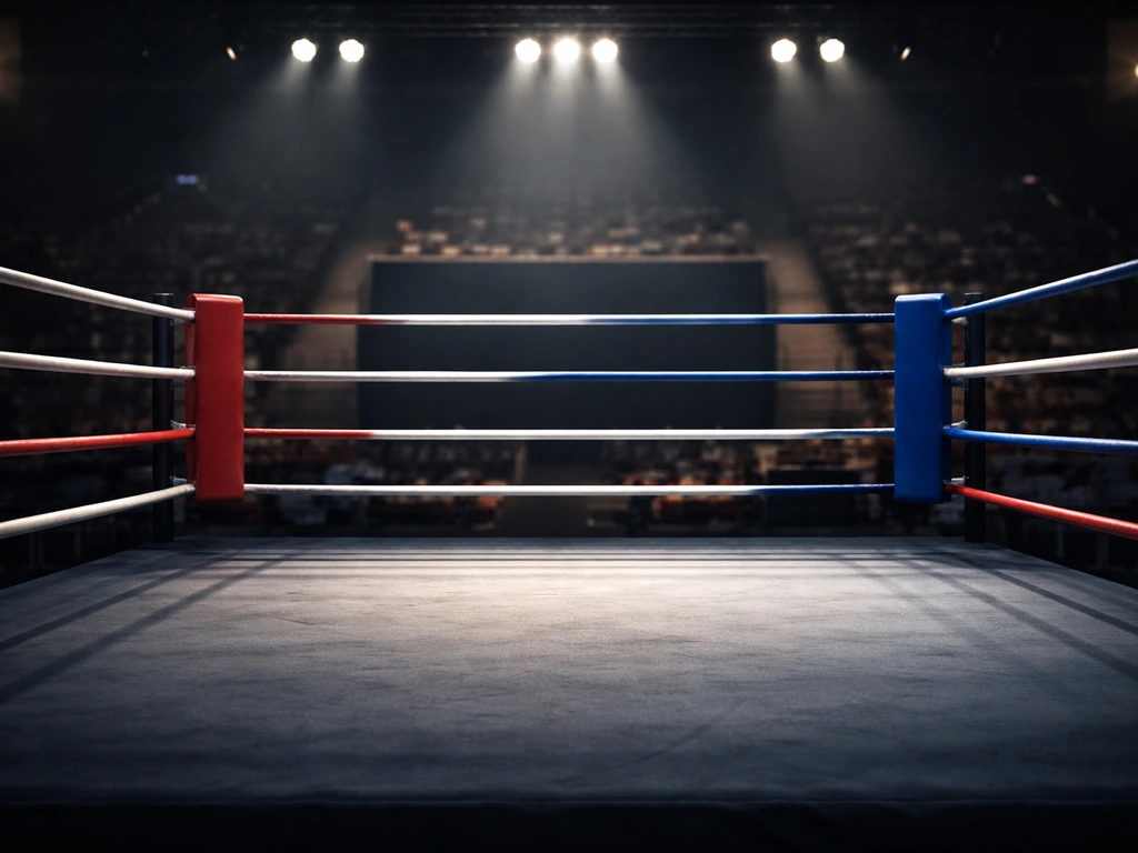 Empty kickboxing arena ring under lights, blurred seating in the background.
