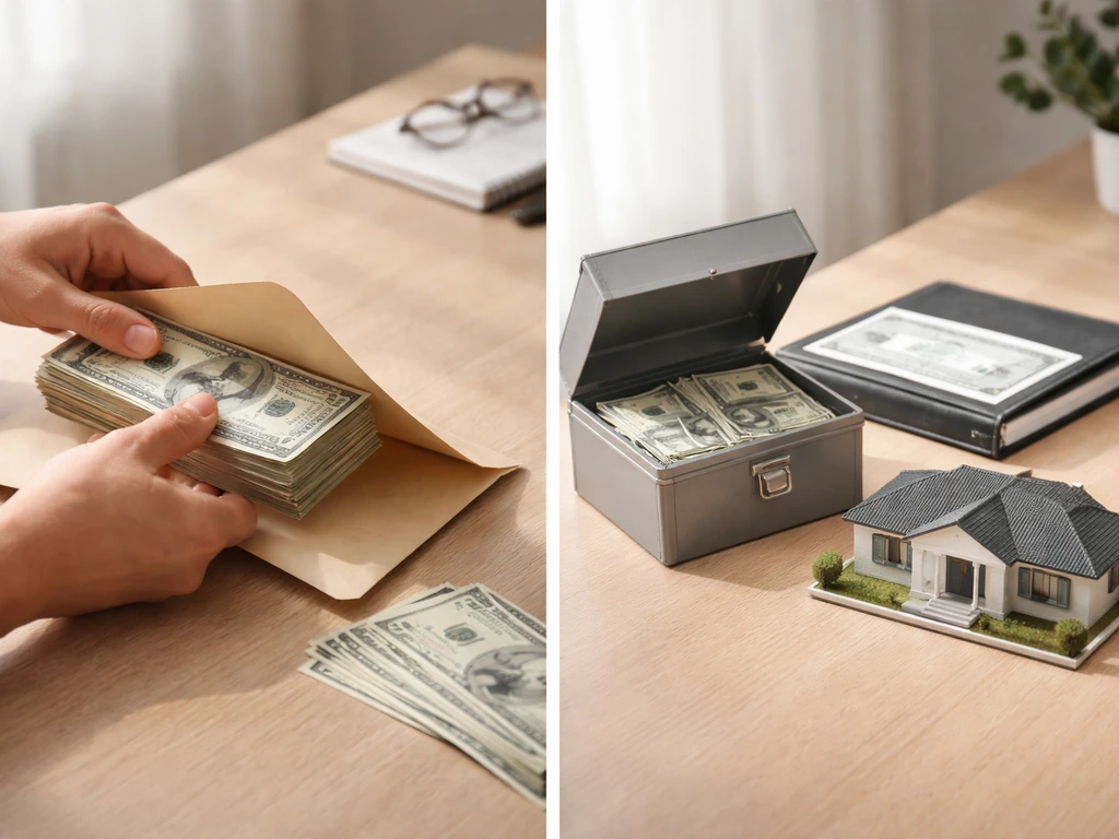 Minimal split scene showing money flow from earnings into cash, investments, and property items