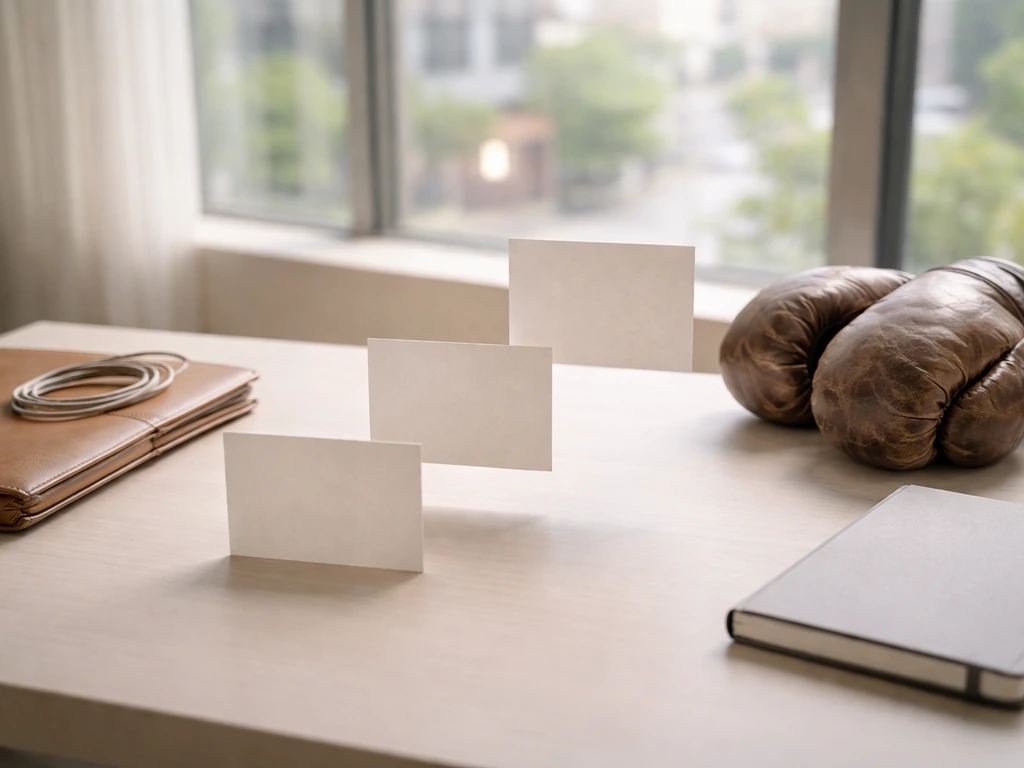 Minimal desk scene with unlabeled staged cards suggesting early, peak, and later career stages and wealth impact.