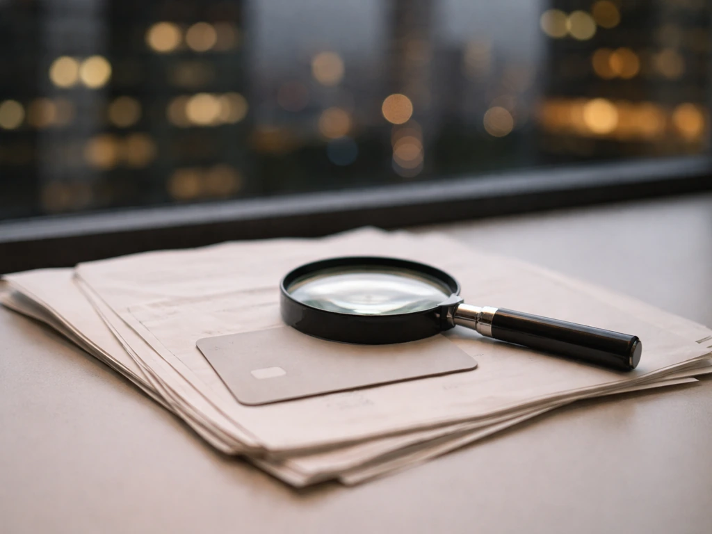 Close-up of a magnifying glass over documents and a blurred city skyline, symbolizing identity verification