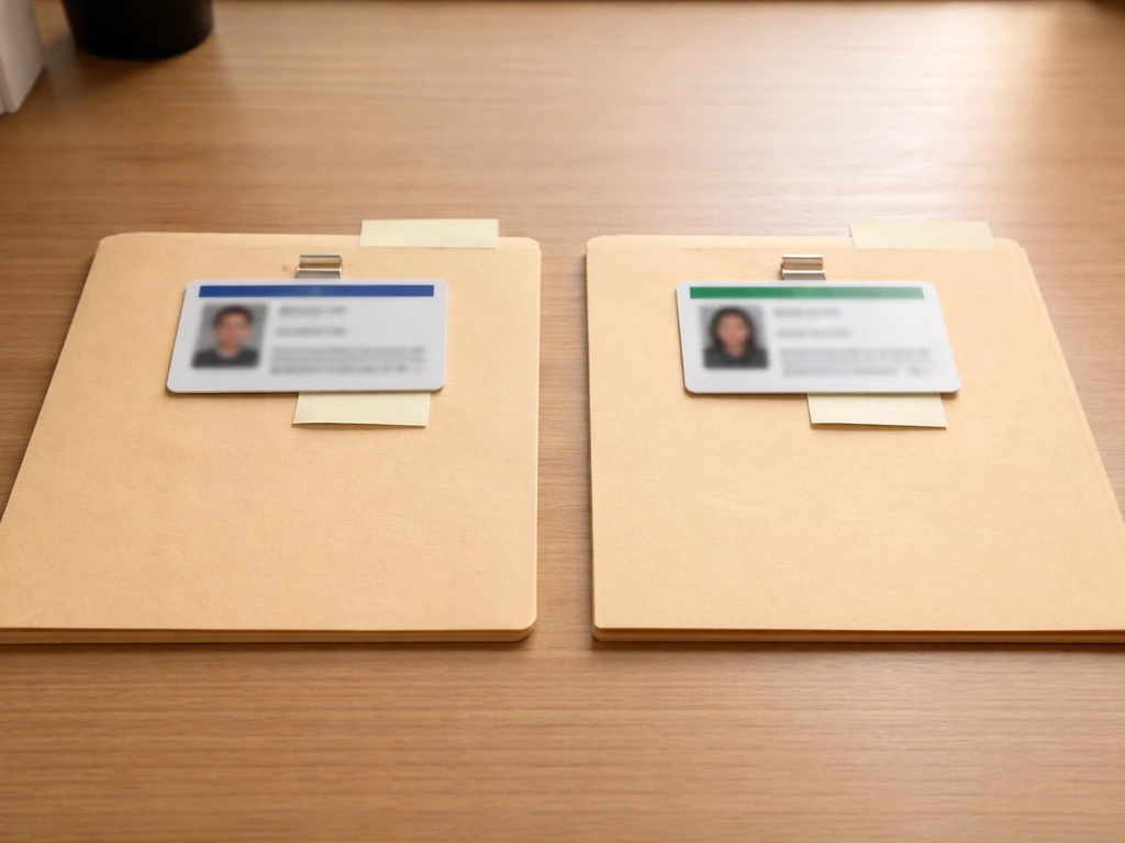 Two folders on a desk with blurred, mismatched ID cards representing identity-name confusion.