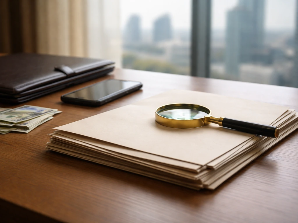 Magnifying glass over blank corporate folders on a desk with soft city-window light behind.