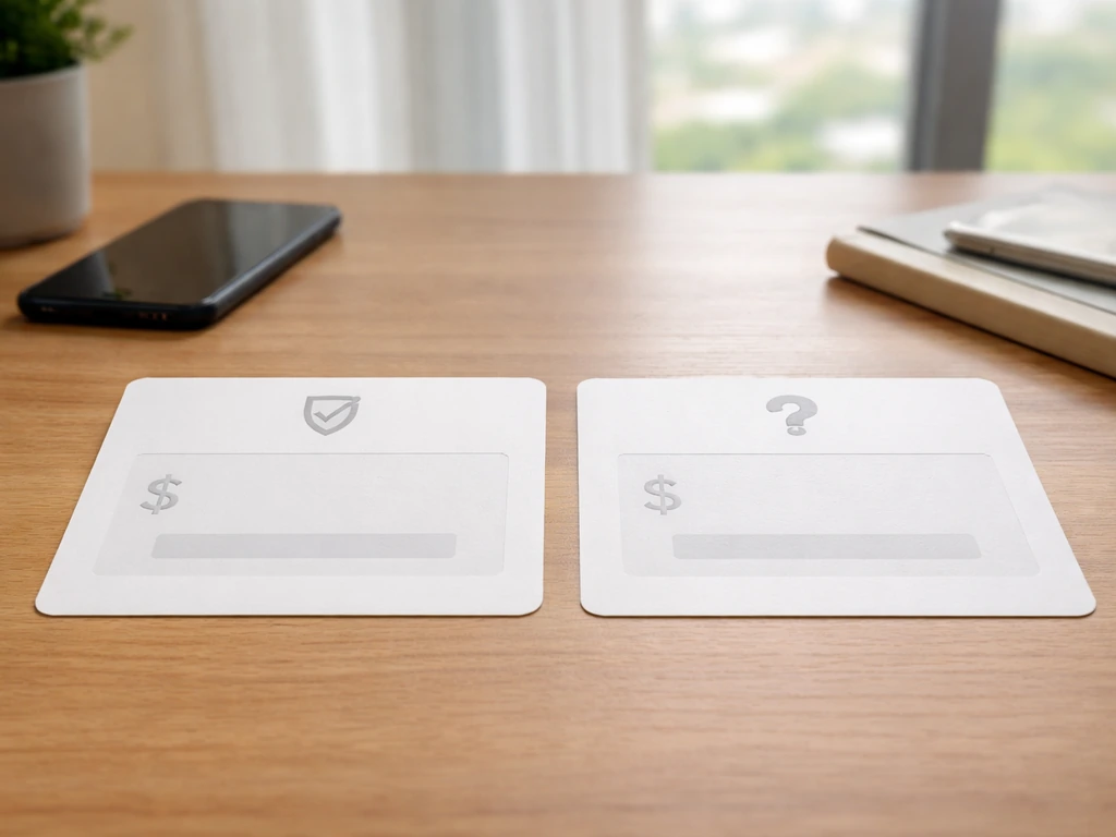 Minimal office scene with two net-worth style cards showing different amounts, suggesting conflicting data sources