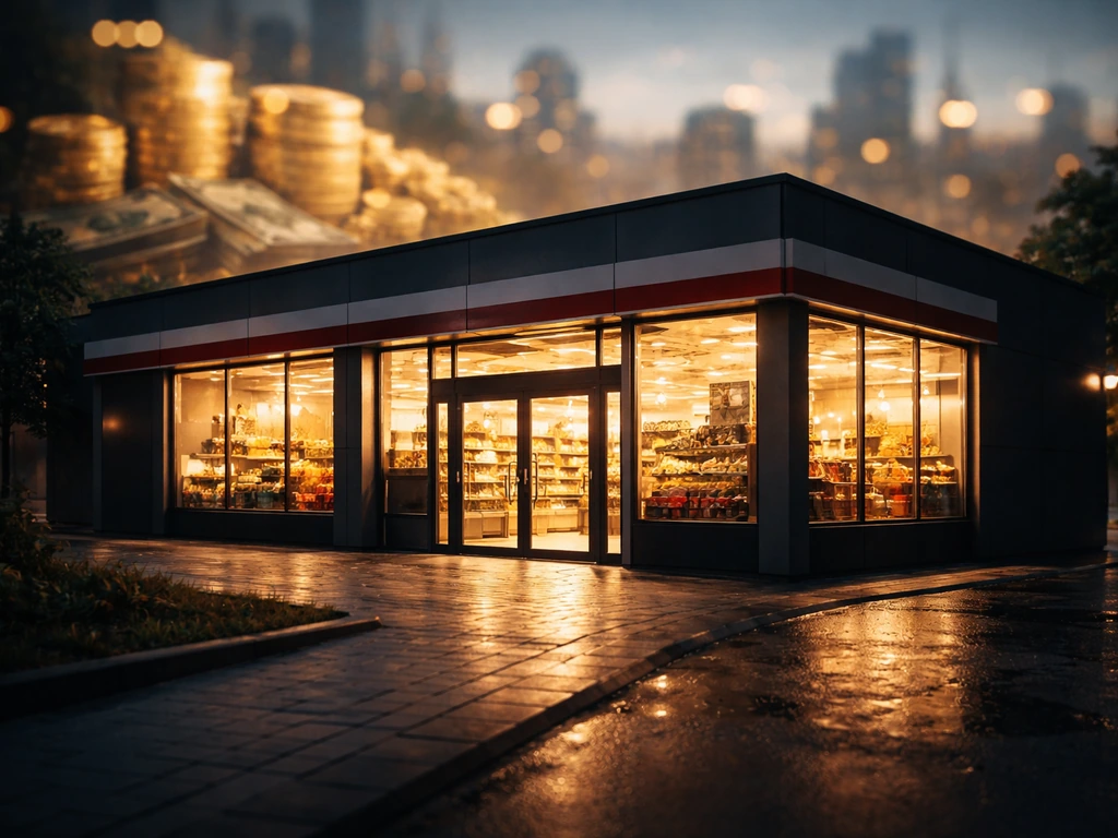 Luxury grocery facade at dusk with abstract wealth motifs in the background, no people.