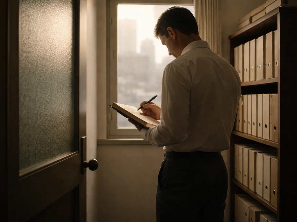 Anonymous businessman in a simple office with warm window light and a blurred city view.
