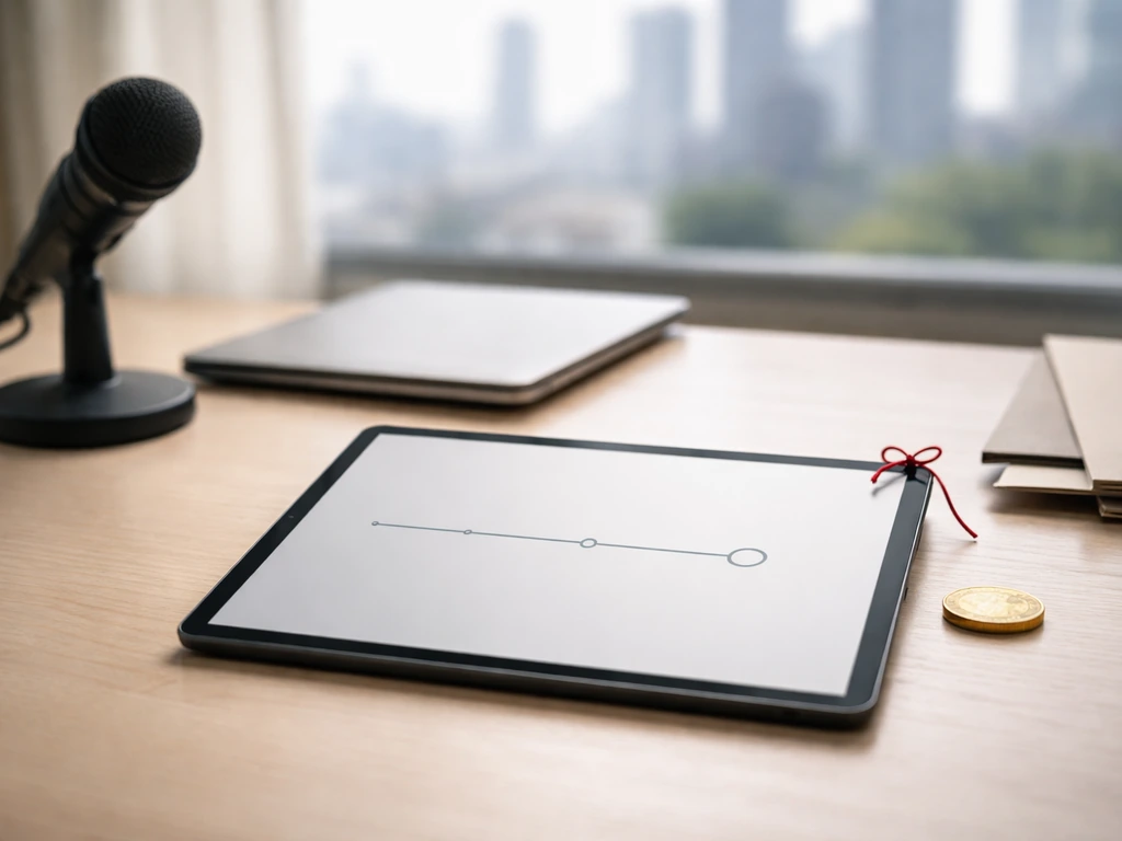 Minimal photo of an anonymous analyst desk with a tablet showing a simple timeline-style map of an ownership sale.