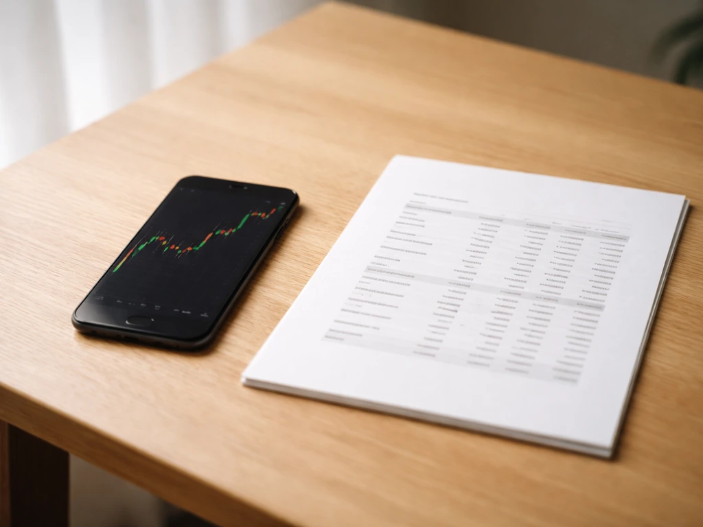 Minimal desk scene with a phone showing a generic stock chart and an open document with ownership figures