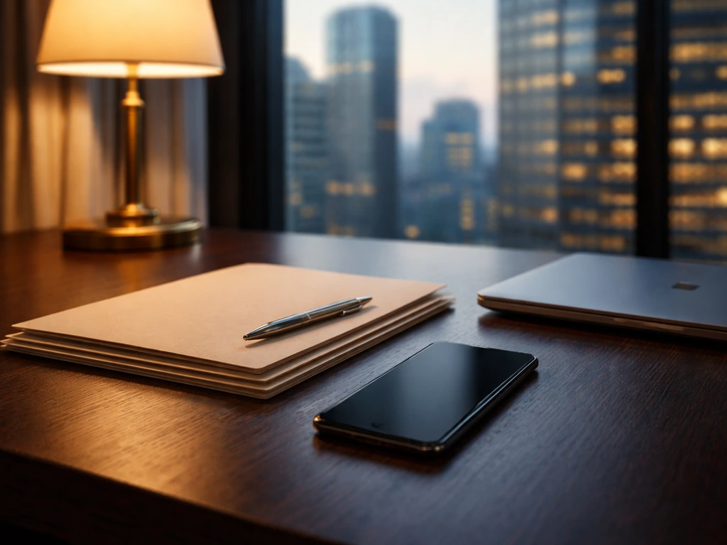 Minimal luxury office desk with a smartphone, business papers, and a blurred city skyline at dusk