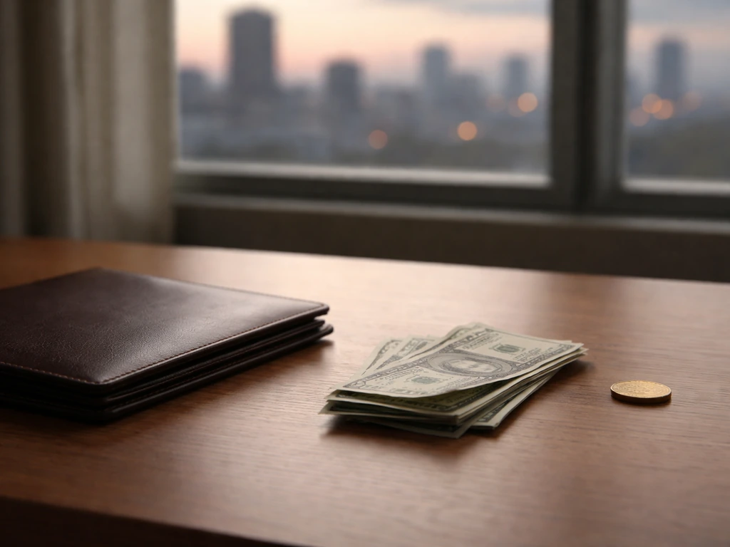 Minimal desk scene with scattered cash and a blurred city skyline symbolizing an uncertain net worth range.