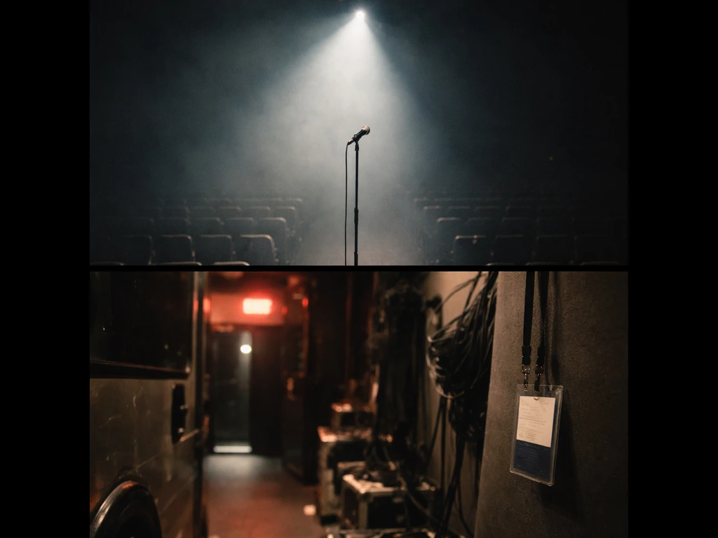 Empty spotlight-lit stage microphone above a backstage/tour bus exit corridor with a generic badge holder