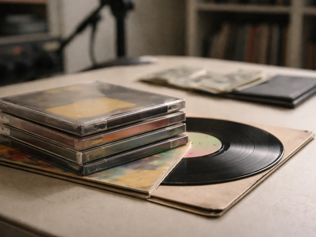 Close-up of a worn stack of CDs and vinyl sleeves on a desk, implying music catalog rights and royalties.