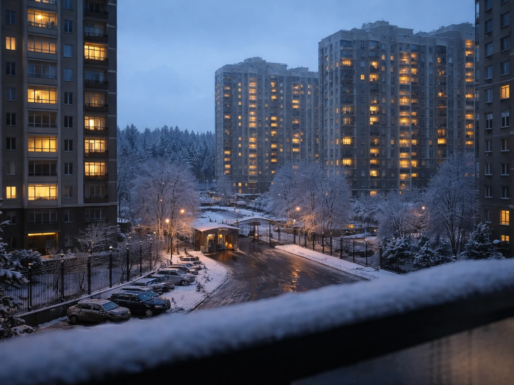 Blue-hour Moscow-area apartment exterior and gated compound with a subtle translucent disclaimer-like blur.