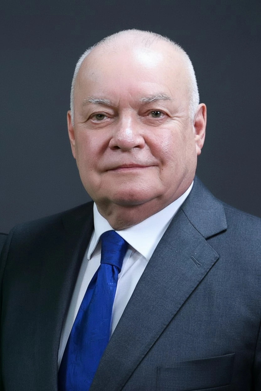 Portrait of Dmitry Konstantinovich Kiselyov in a suit and blue tie against a dark background.