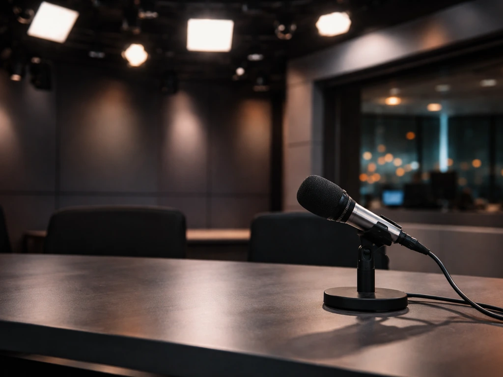 Empty modern TV studio with studio lights and a microphone on a desk, suggesting media wealth focus