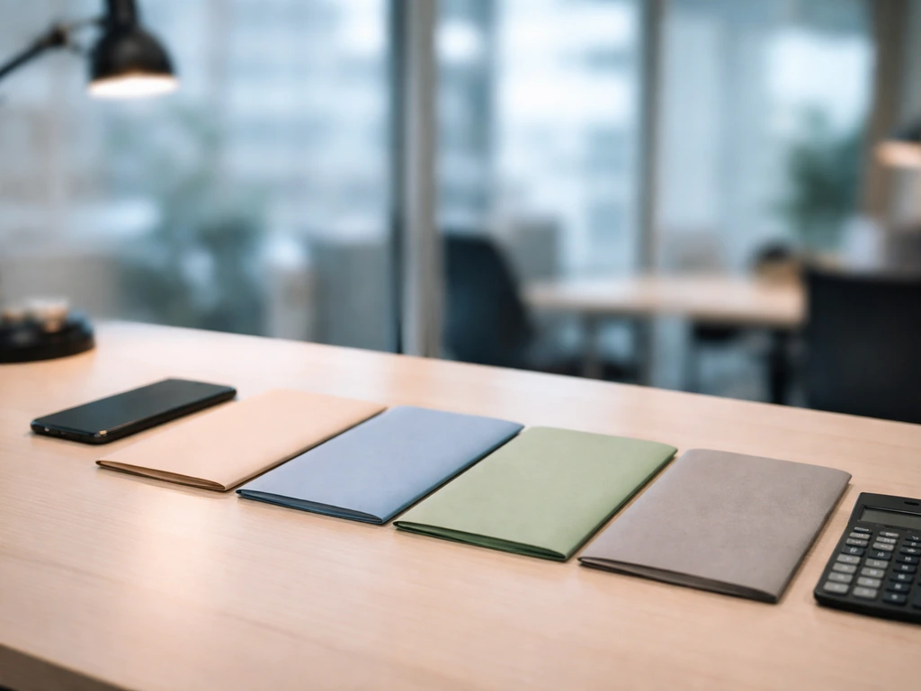 Minimal office desk with four folders, calculator, and smartphone suggesting a cross-checked estimation process.