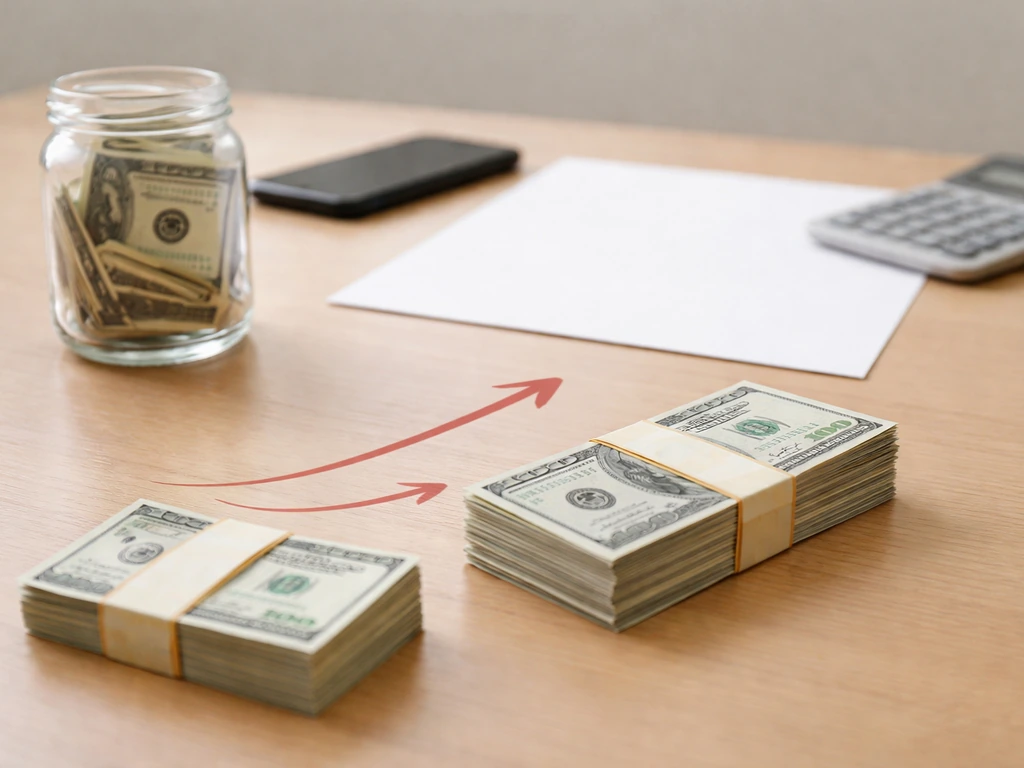 Minimal desk scene with money jar and calculator, symbolic arrow cues suggesting a net worth range shift.
