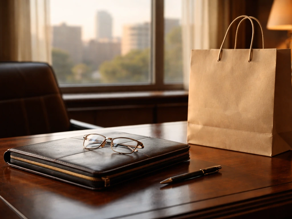 Minimal scene of a luxury business office desk with a branded retail-style shopping bag, symbolizing post-Soviet retail