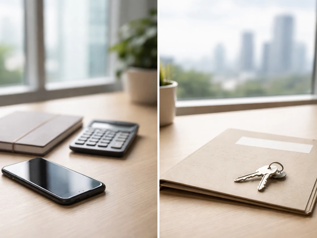 Split scene of an anonymous desk with phone and calculator beside blurred city buildings, symbolizing public vs private