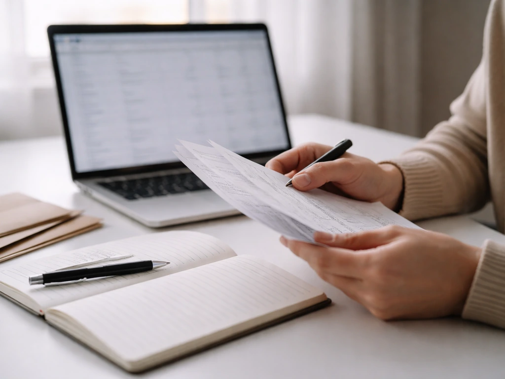 Person reviewing documents and investment papers beside a laptop in a quiet office setting