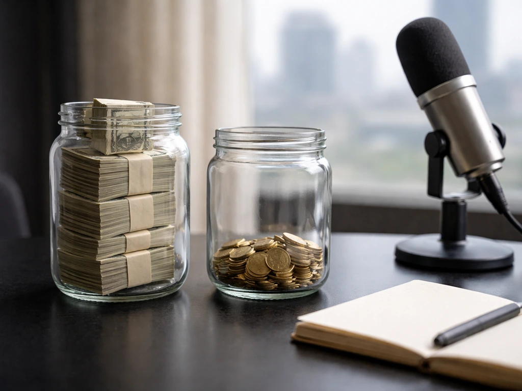 Minimal desk scene with two jars of money and coins beside a microphone, suggesting a wide net-worth range.