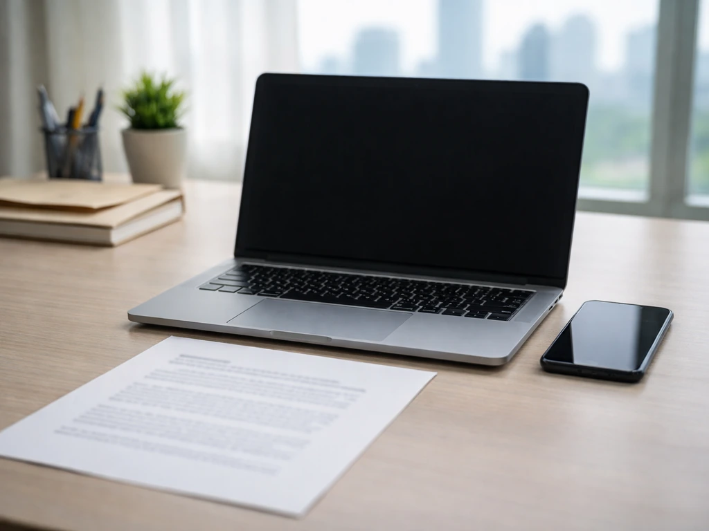 Minimal desk scene with laptop and phone symbolizing checking official election records online.