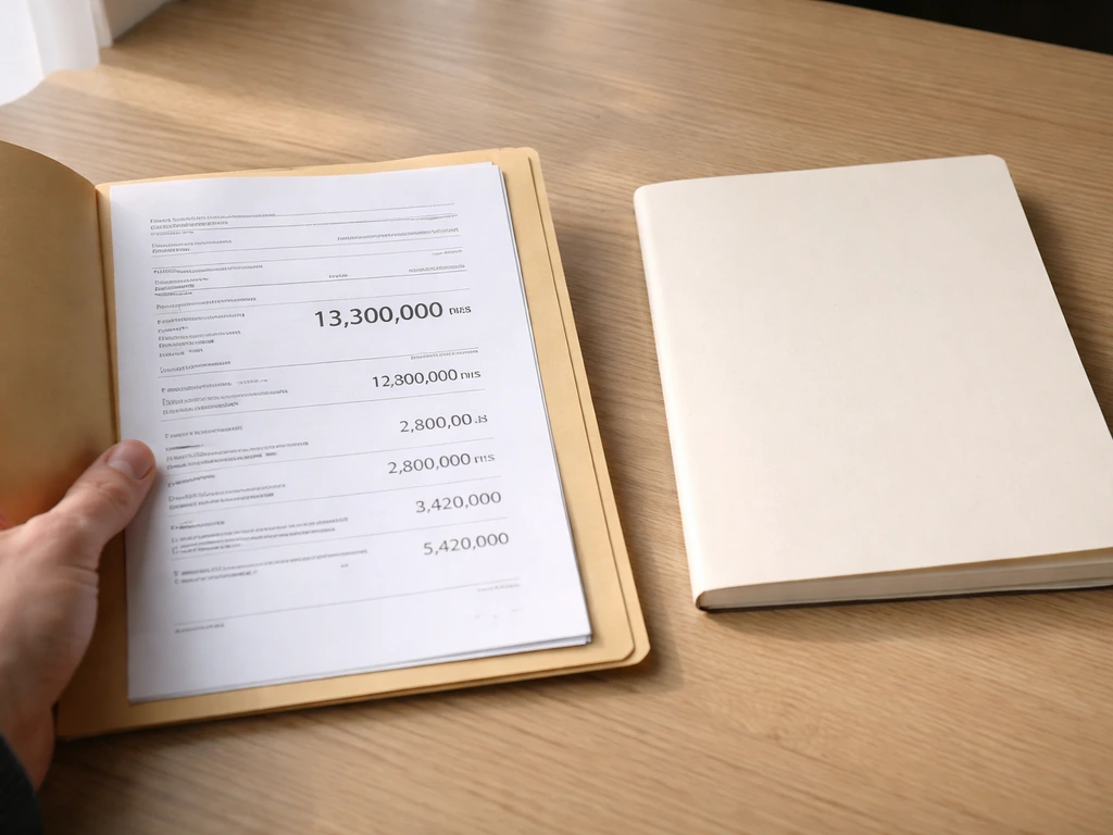 Close-up of a hand holding a folder with printed numbers, beside an empty notebook symbolizing missing investment detail