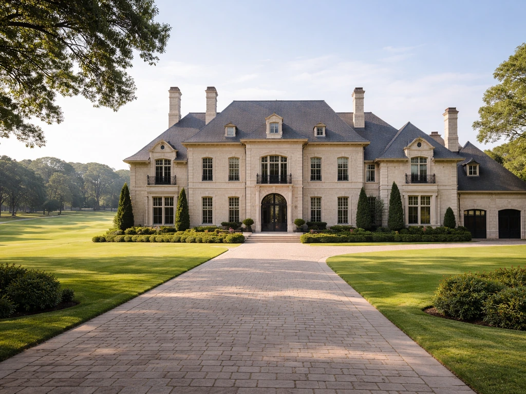 Luxury stone mansion on a manicured golf-and-country-club property in Alabama under natural light.