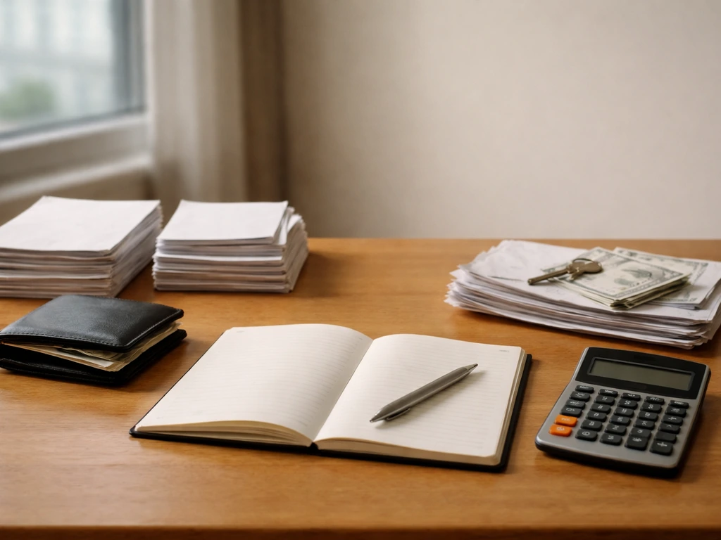 Minimal office desk with notebook, calculator, wallet, and documents symbolizing assets and debts.