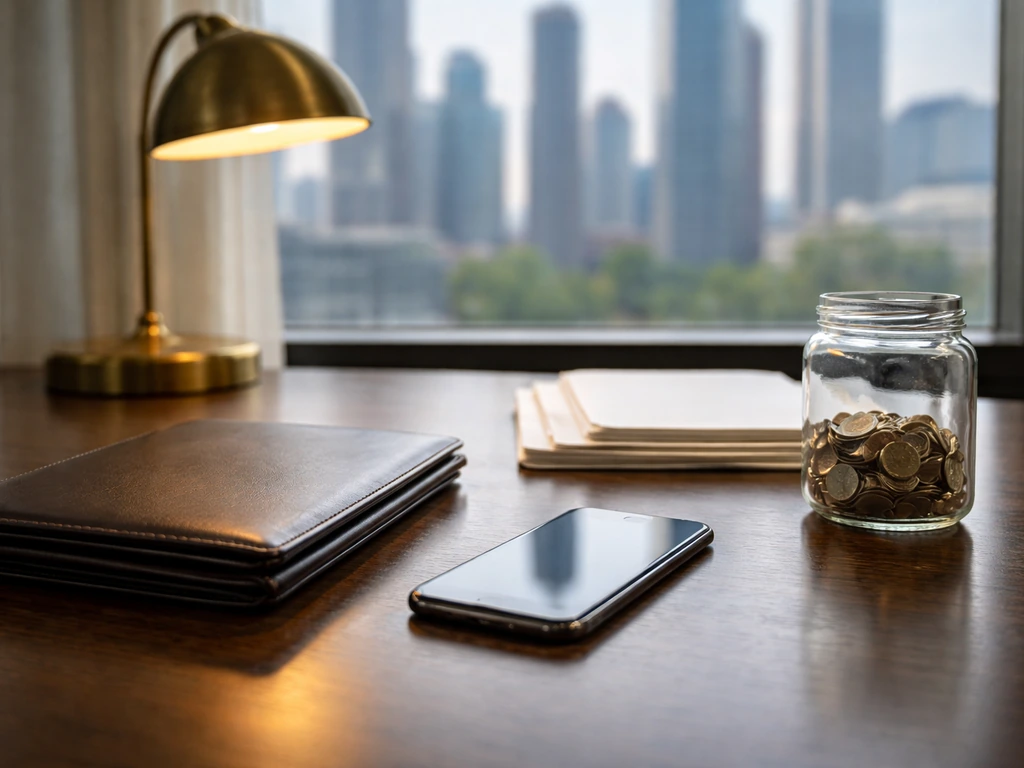 Minimal desk scene with coins in a jar, phone, and portfolio symbolizing wealth components and savings.