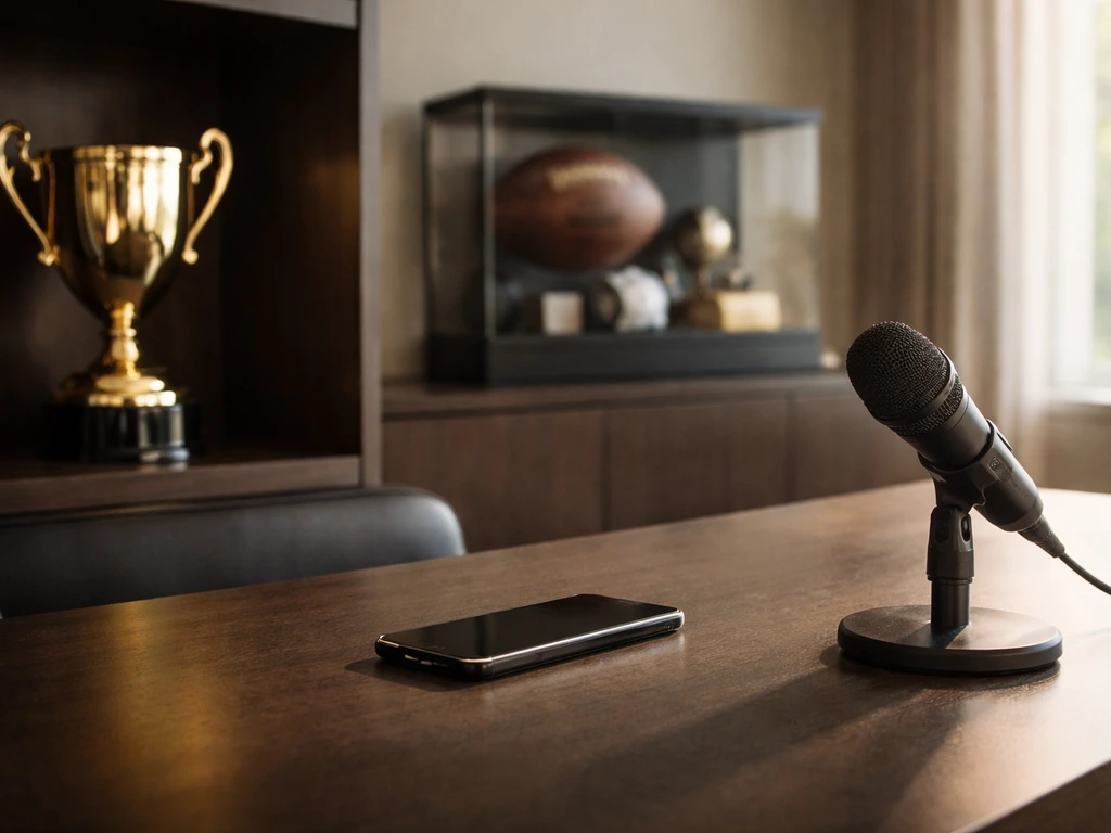 Minimal luxury office scene with a gold trophy, microphone, and smartphone symbolizing public interest in money.
