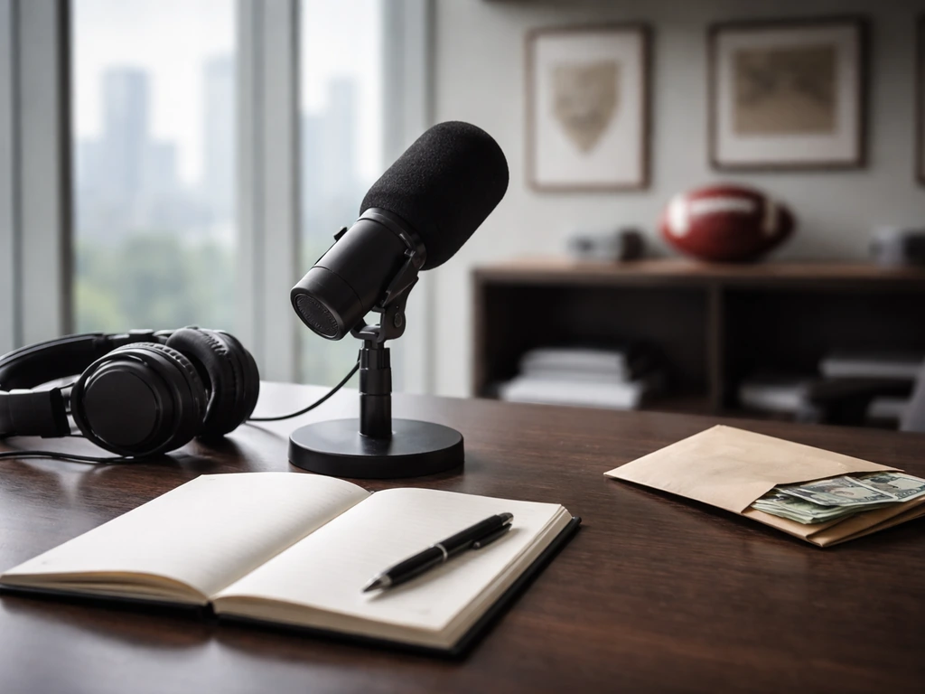 Anonymous office desk with microphone and cash envelope, implying football transfer and wage discussion.
