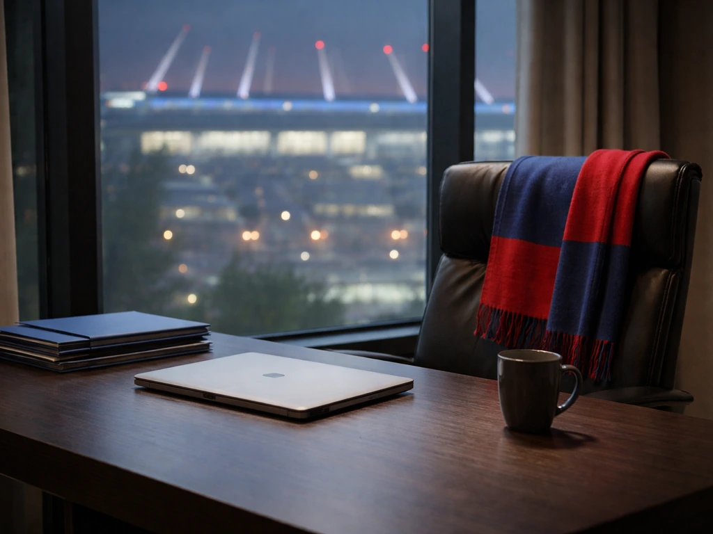 Zenit-style executive office desk with laptop, documents, and a subtle red-blue scarf in soft light
