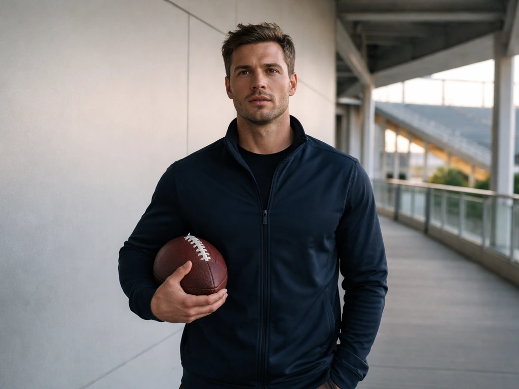 Anonymous athlete at a stadium VIP area holding a football, suggesting endorsement and brand earnings.