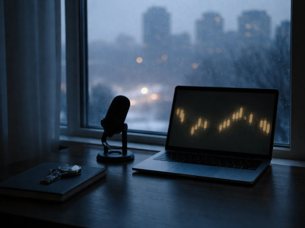 Minimal crypto finance office scene with laptop, microphone, and winter city view suggesting net worth analysis
