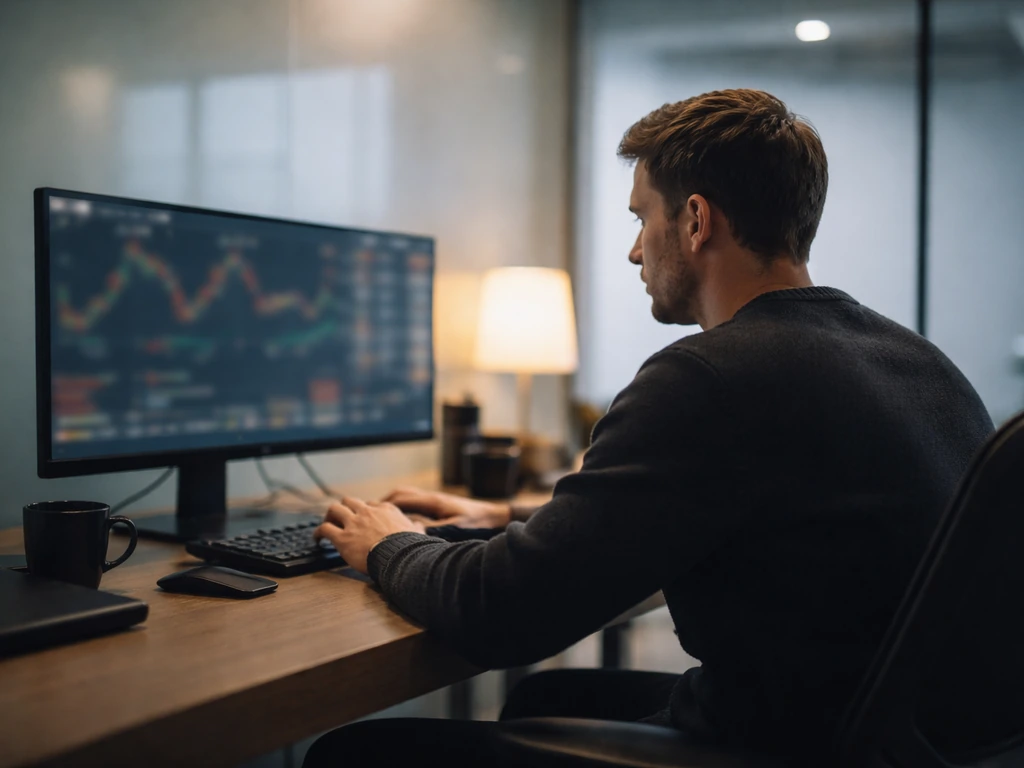 Anonymous entrepreneur working at a modern finance desk with blurred computer visuals, minimal office background.