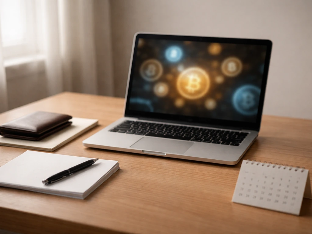 Minimal desk scene with a laptop showing cryptocurrency-related images and a notebook with dates, suggesting a net worth