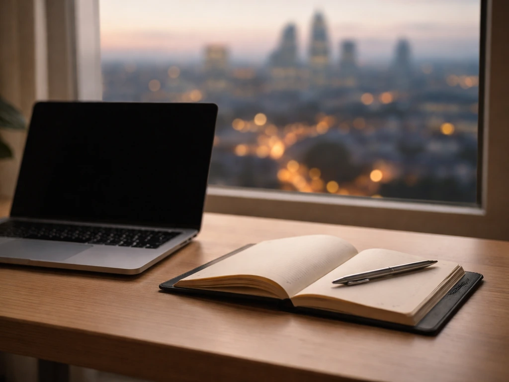 Minimal photo of a desk with an open laptop, notebook, and a blurred London skyline at dusk