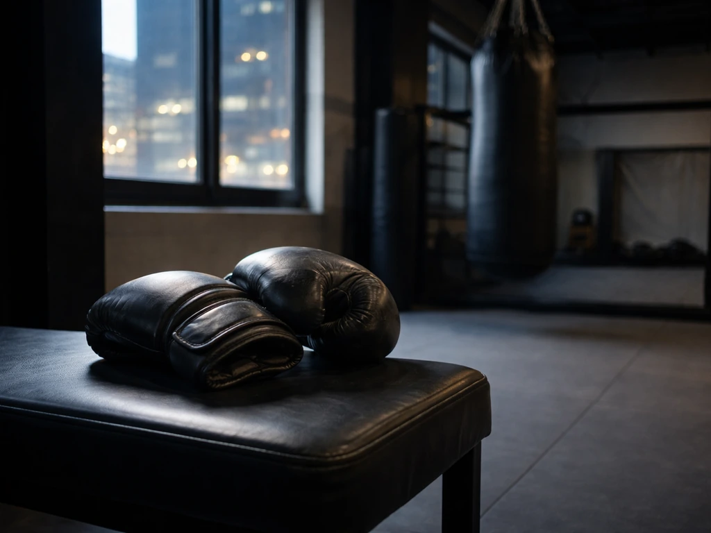 MMA gym scene with boxing gloves and a glowing city skyline outside a window, symbolizing sports earnings