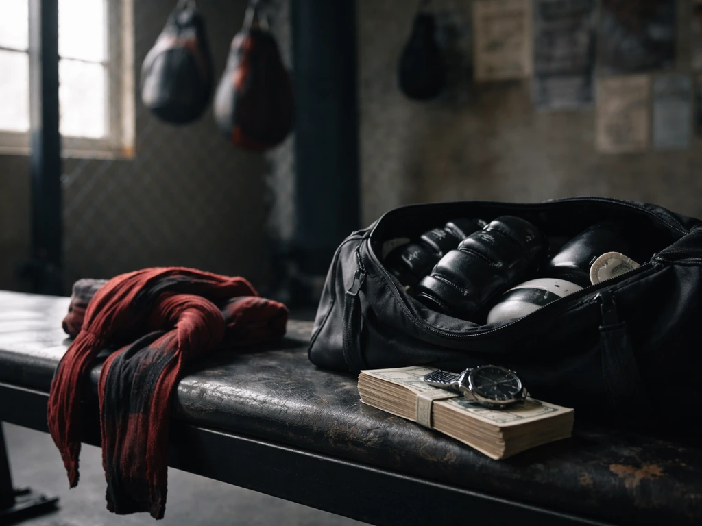 MMA gym gear and accessories with a hint of wealth symbolism, no people, minimal realistic photo.