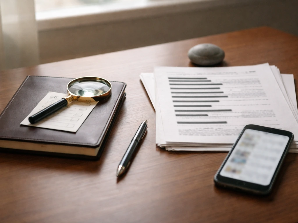 Minimal desk scene with a magnifying glass and documents suggesting checking how money estimates are verified