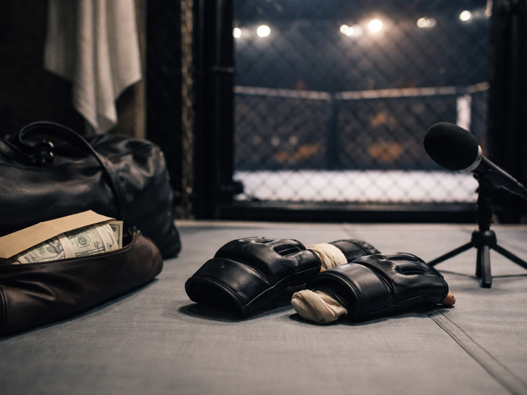 UFC fight-night themed scene with a generic fighter’s gloves and mixed-martial-arts gear beside a money-themed backdrop