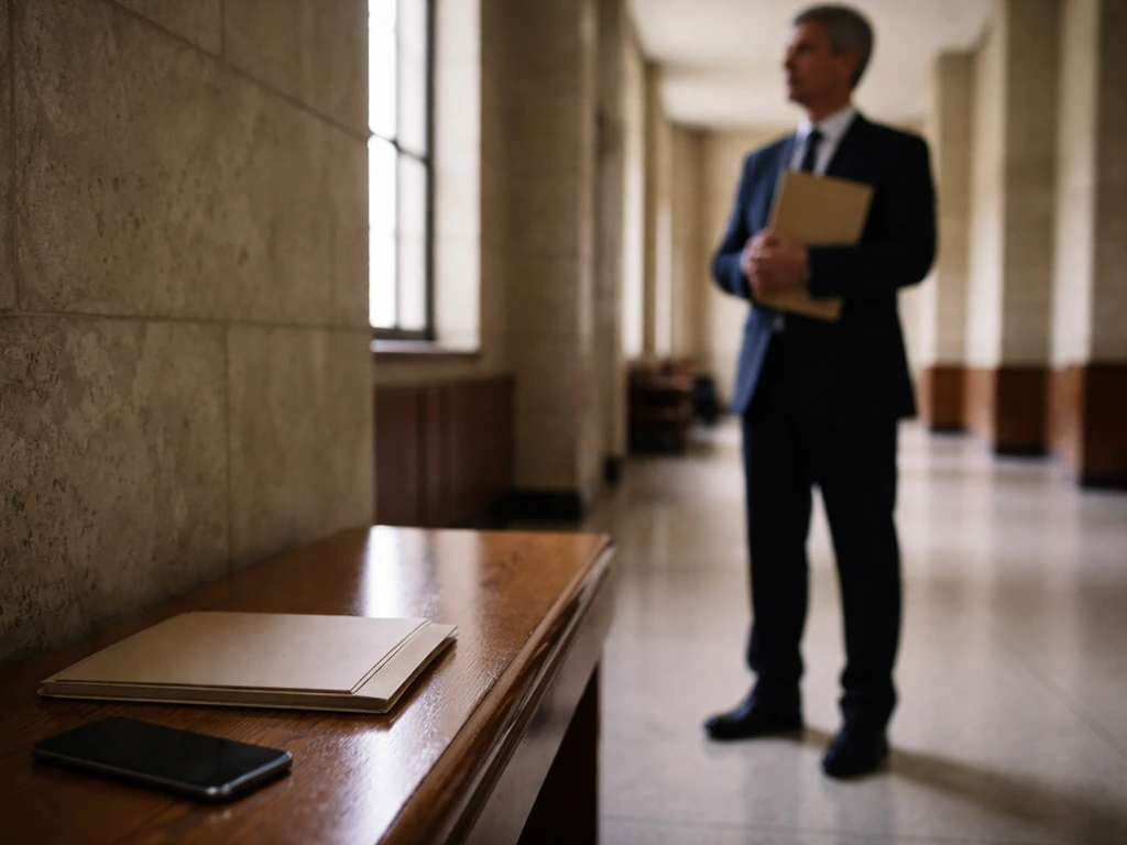 Anonymous man in courthouse hallway with plain folder and phone, evoking a fraud defendant context.