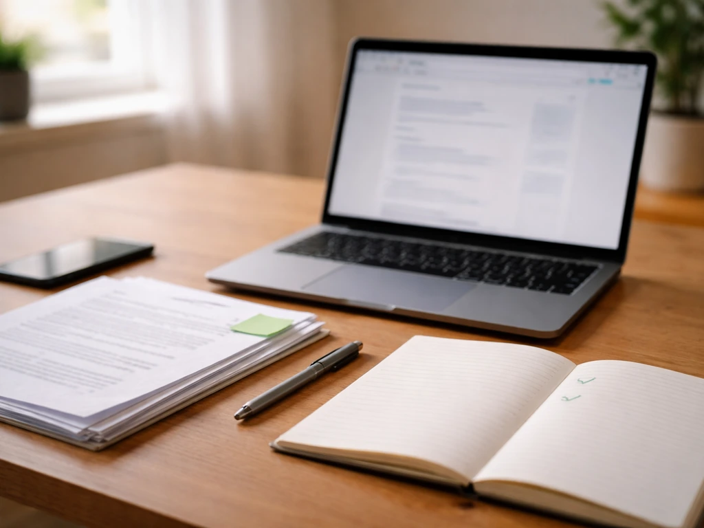 Minimal desk scene showing a laptop, open browser tabs, and documents laid out for verifying information