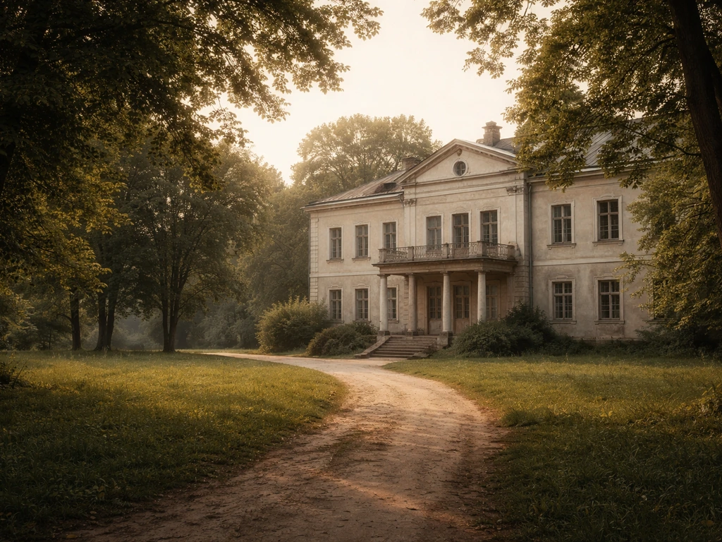 Historic Yasnaya Polyana manor exterior with expansive greenery and a quiet path, evoking land and inheritance.