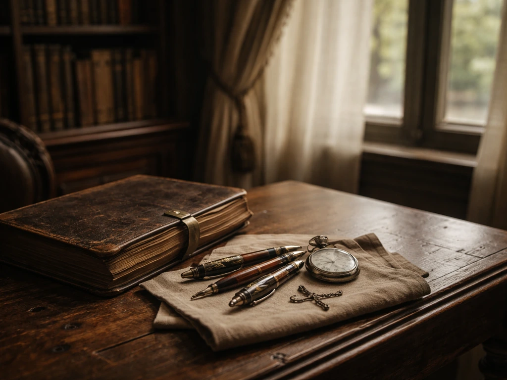 Vintage desk with leather ledger and antique pocket watch in a quiet library, symbolizing old wealth.