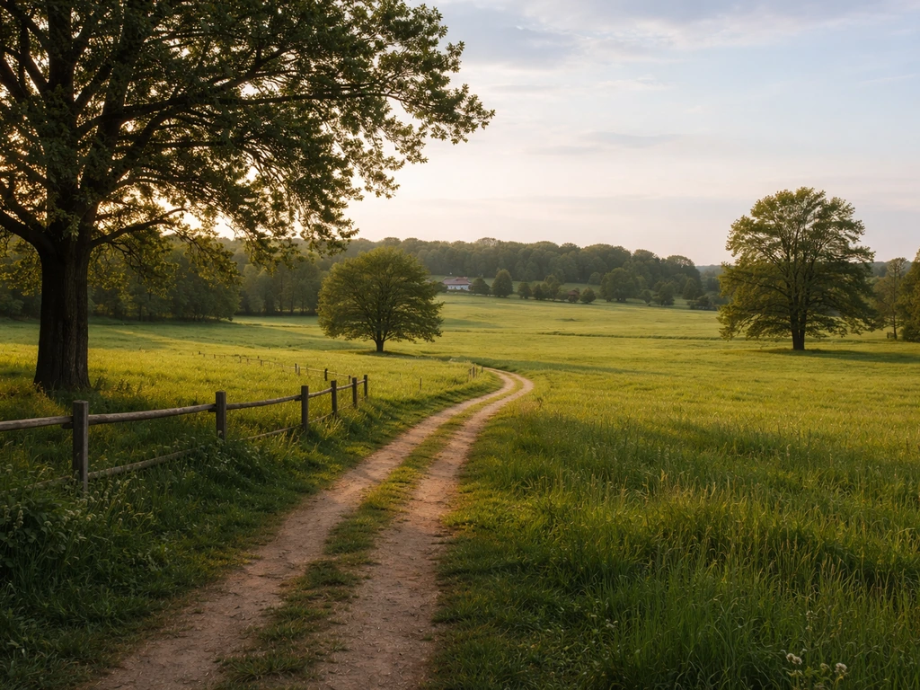 Wide view of quiet historic countryside fields and estate grounds at golden hour